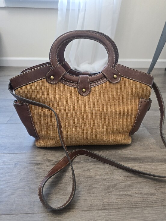 Fossil Handbags - Fossil woven straw and brown leather trim satchel Vintage Cottagecore Fisherman